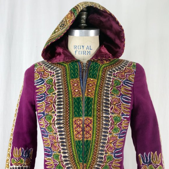 Vintage 70s Hippie Jacket Dashiki Print Purple Utex Hooded Coat - Picture 3 of 9